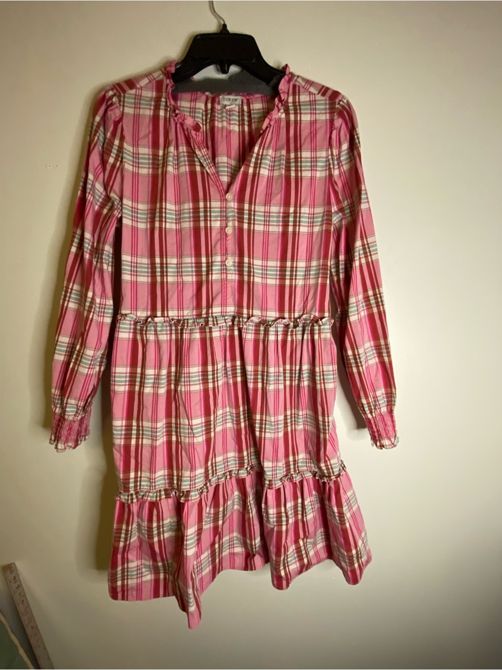 J. Crew Pink Plaid Tiered Button-Front Midi Dress
